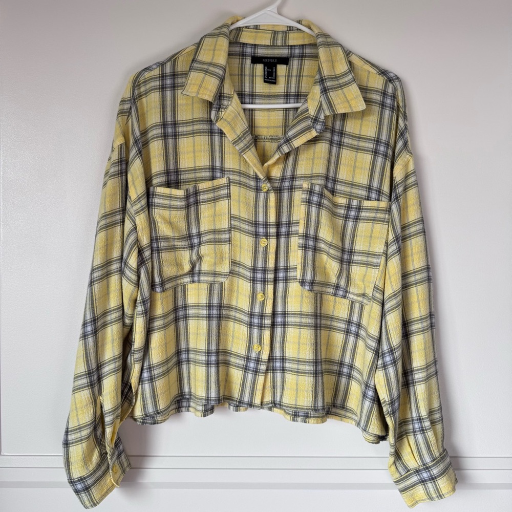 Forever 21‎ Cropped Yellow Plaid Flannel Top Women's Size Medium Fall Western